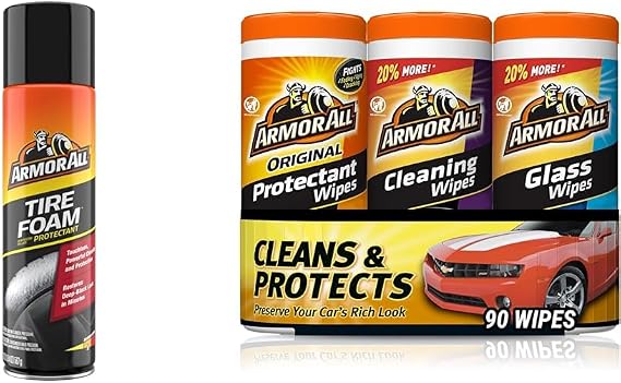 Armor All Tire Foam Cleaner Spray (20 Oz) with Protectant, Glass and Cleaning Wipes Variety Pack