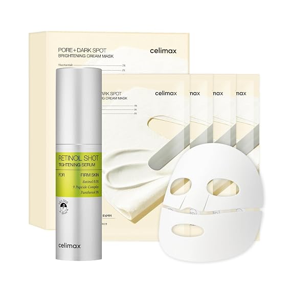 celimax Retinol Shot Serum & Pore Dark Spot Brightening Cream Mask 4EA | Home Aesthetic Duo, Korean Skin Care Gifts for Women