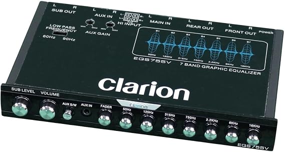 Clarion EQS755V 7-Band Car Audio 1/2-DIN Size Car Graphic Equalizer/Crossover with Front 3.5mm Auxiliary Input, Rear RCA Auxiliary Input and High Level Speaker Inputs