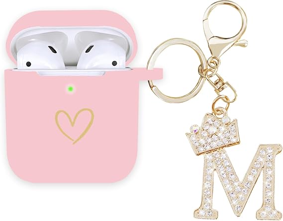 Compatible with AirPods Case Cover, Soft Silicone Case with Gold Heart Pattern for AirPods 2&1 Generation Case with Rhinestone Studded Letter A-Z Keychain (M Pink)