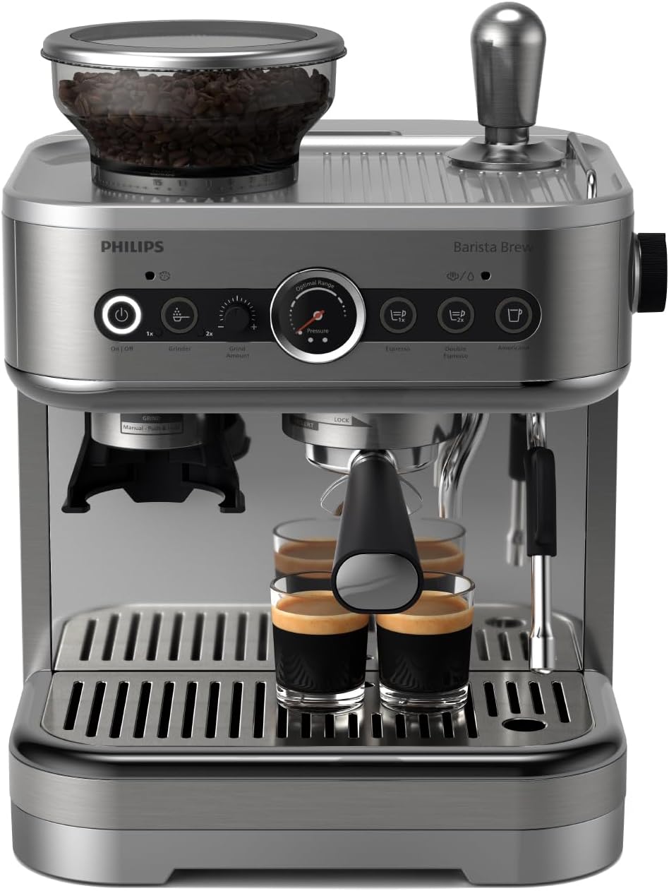 Philips Barista Brew Espresso Machine - Intuitive Guidance. Calibrated Tamping. Elegant Design. 280g Dual Bean Container with Aroma Seal. Semi Automatic Espresso Machine. Metal Silver PSA322801
