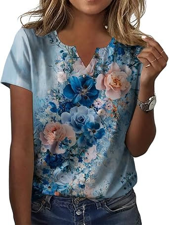 Trendy Boho Tops 2025 Natural Floral Shirts for Women Casual V Neck Button Short Sleeve Blouses for Women Loose Cool Summer Blouse Blue Flower L