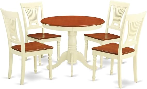 East West Furniture ANPL5-WHI-W 5 Piece Dinette Set for 4 Includes a Round Kitchen Table with Pedestal and 4 Kitchen Dining Chairs, 36x36 Inch, Buttermilk & Cherry