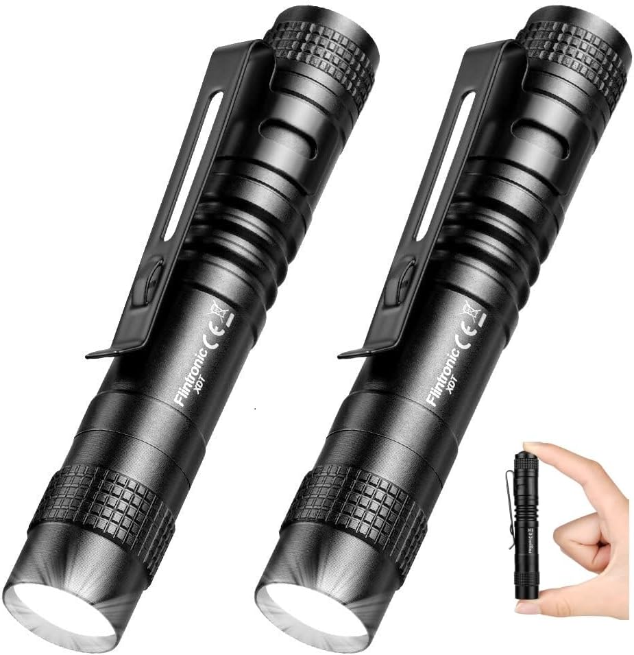 flintronic 2PCS Mini Torch, 3.5" Pocket LED Torch Flashlight with Pocket Clip, Ultra Bright Waterproof Pocket Light for Household, Workshop, Repair, Hiking, Powered by 1AAA Battery not Included [Energy Class A]