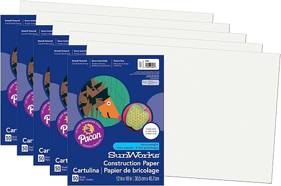 SunWorks Construction Paper, White, 12" x 18", 50 Sheets Per Pack, 5 Packs