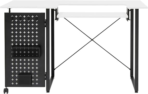 Sewing Table with Fold-out Storage Panel with White Top and Black Legs