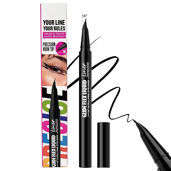 Black Waterproof Liquid Eyeliner, Long-lasting Eye Liner with Ultra-Fine Brush-Tip for Precise Finish, Smudge-Proof Transfer-Resistant Formula, Smooth Glide Micro Angled Liquid Liner Pen
