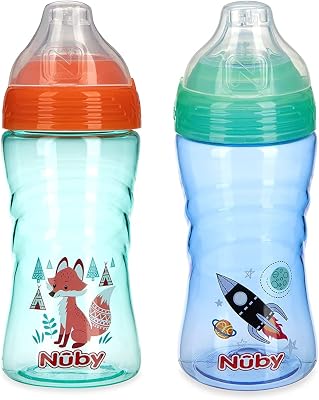 Nuby 2 Pack No Spill Printed Thirsty Kids No-Spill Sip-it Sport Cup with Soft Spout and Lid - 12oz, 12 Months, 2 Pack, rocketfox