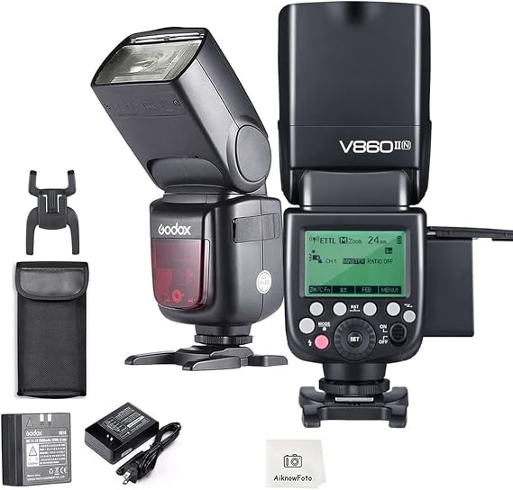 V860II-N TTL 2.4G Camera Flash Speedlite Compatible for Nikon Cameras,1/8000s High-Speed Sync GN60 with 2000mAh Li-ion Battery, Max 1.5s Recycle Time,650 Full Power with 20 Filters & Diffuser