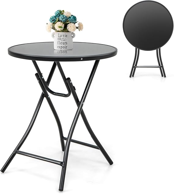Tangkula 23 Inches Round Folding Table, Outdoor Patio Bistro Table with Tempered Glass Tabletop and Sturdy Metal Frame, Patio Side Table for Porch, Balcony, Deck
