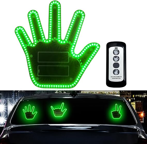 LED Gesture Light Comical Car Finger Light with Remote Ideal Gifted Car Accessories Funny Back Window Sign Car Gadget & Road Rage Sign Give The Love & Wave & Yead to Drivers-Green