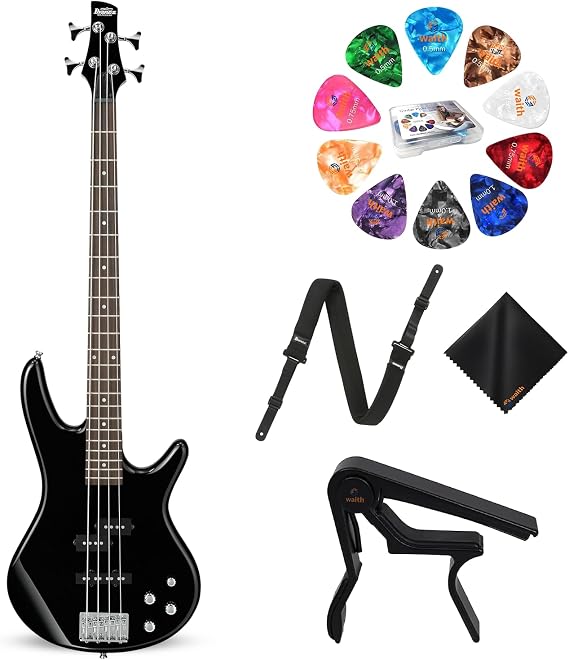 Ibanez GSR200 GIO Series 4 String Solid Body Electric Bass - Right-Handed (Black) with GSF50 Powerpad Strap, String Capo, 15 Pack Guitar Picks, Organizer Storage Box, and Cleaning Cloth - Bundle Kit