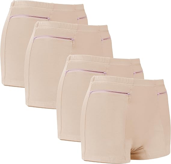 LUEXBOX Pocket Pantie for Women, Travel Underwear with Secret Pocket Panties Women's, 4 Packs (Light Brown)