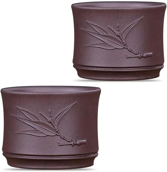 2pcs Teacup 80ml Chinese zisha Clay Tea Cup Anaglyph bamboo (Dark purple)