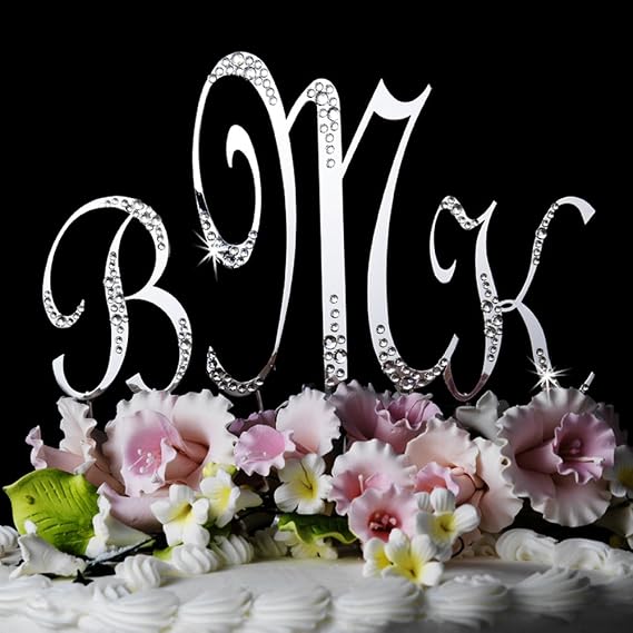 SILVER Sparkle ~ Crystal Accented Monogram Wedding Cake Topper