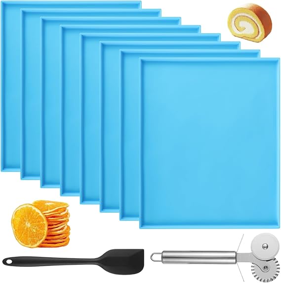 8 Pcs Silicone Dehydrator Trays Set, Dehydrator Sheets with Scraper & Pizza Cutter Wheel, Non-stick Fruit Leather Mats with Edges, Ideal Baking Tools for Fruit, Vegetable, Meat