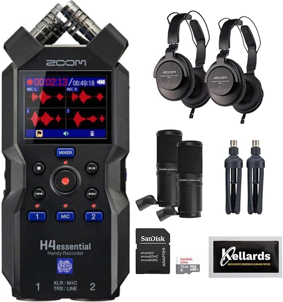 Zoom H4essential 4-Track 32-Bit Float Portable Audio Recorder Bundle with 2-Pack Zoom ZDM-1 Podcast Mic Pack, 16GB microSDHC Memory Card, and Kellards Cleaning Pack