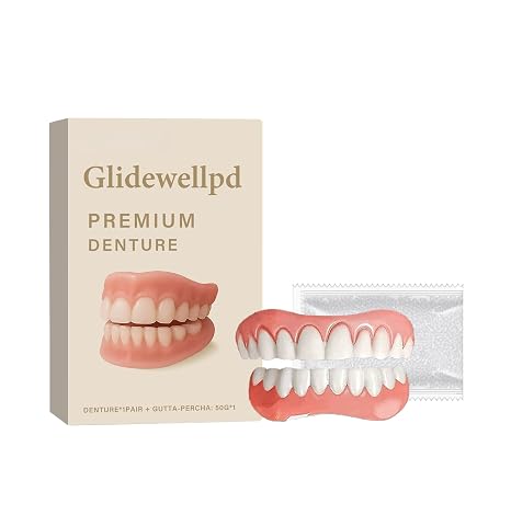 Glidewellpd Premium Denture,Silicone Dentures Full Mouth Kit,Natural-Looking Comfort Fit False Teeth,Temporary Silicone Teeth Dentures for Men and Women