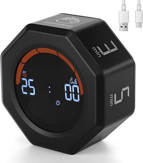 Small Productivity Timer, Pomodoro Timer with 5 Presets (Black)