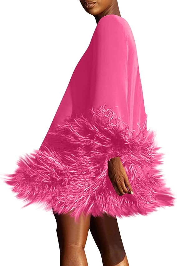 Trendy Long Sleeve Feathers Midi Dress for Women Plus Size Elegant Formal Smocked Flowy Cute Cocktail Party Dress