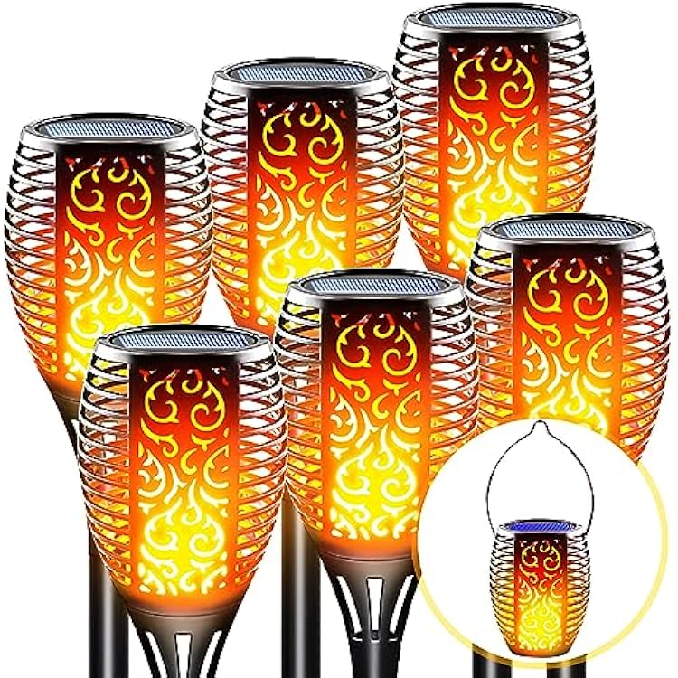 Large Solar Torch Lights Outdoor Flickering Flame, Upgraded 3-in-1 Detachable Hanging Lanterns - IP65 Waterproof Auto OnOff Tiki Torches for Garden, Pathway, Ground Decor 6 Pack