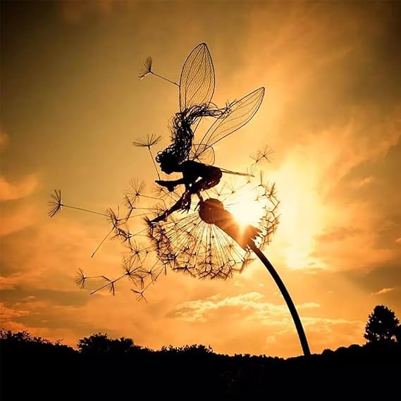 Fcteap Flower Fairy Dancing with Dandelion Garden Art Sculpture Stainless Steel Statue Christmas Halloween Decoration for Outdoor Yard Courtyard Lawn Patio Metal Ornaments (Hurdle)