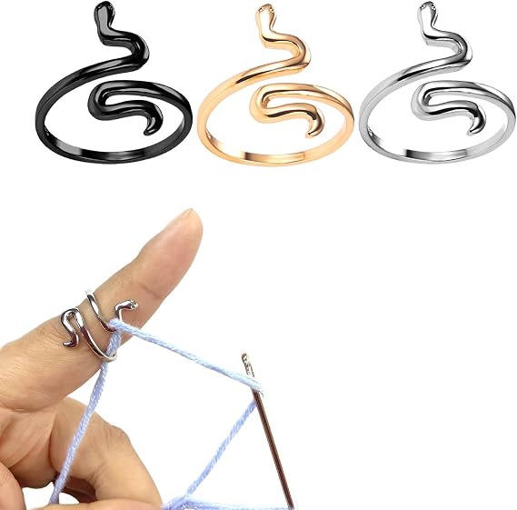 LAYASIMON Crochet Tension for Yarn Finger Holder Knitting Adjustable Ring notions for Women Crochet aid Thread Loop Guide Finger Holder,Snake Ring. (Silver, Gold, Black Gold)