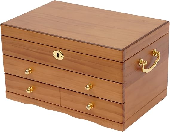 3-Layer Jewelry Organizer with 2 Drawers Wooden Jewelry Box Organizer Display Storage Case with Hook and Lock for Women Necklace Ring Storage