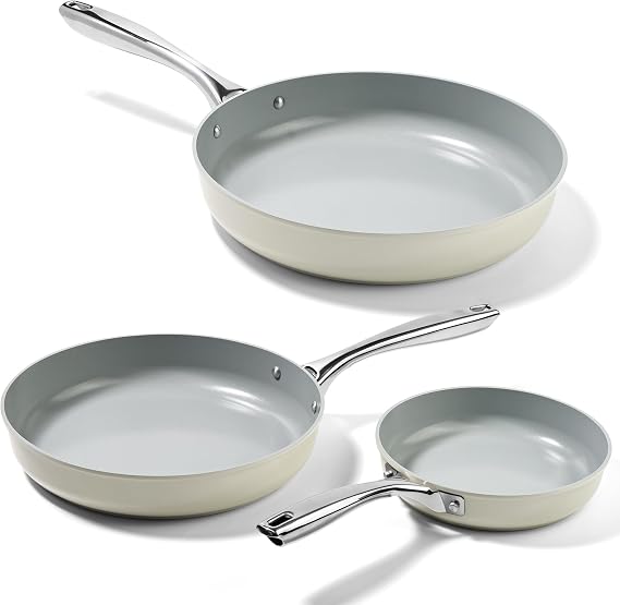 Non Stick Frying Pans Set, Ceramic Skillet, Non Toxic Omelette Egg Pans for Cooking, 8" 9.5" 11" PFAS & PTFE & PFOA Free with Stainless Steel Handle, Dishwasher & Oven Safe, White