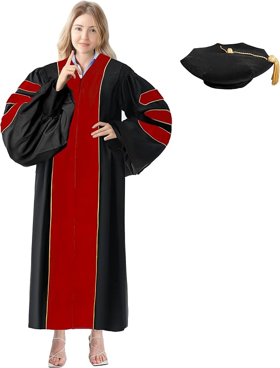 Happy Secret Unisex Deluxe Doctoral Graduation Gown and Doctoral Tam 8 Sided Package with Gold Piping Doctoral Regalia