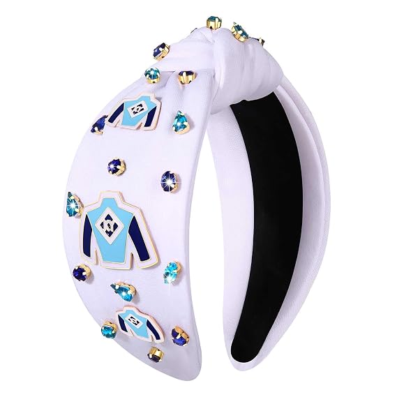 NVENF Derby A - Blue Headband, Kentucky Derby Riding Suit Inspired Jeweled Wide Top Knot Hairband, Horse Racing Hair Accessory Outfits, Women Hair Accessories