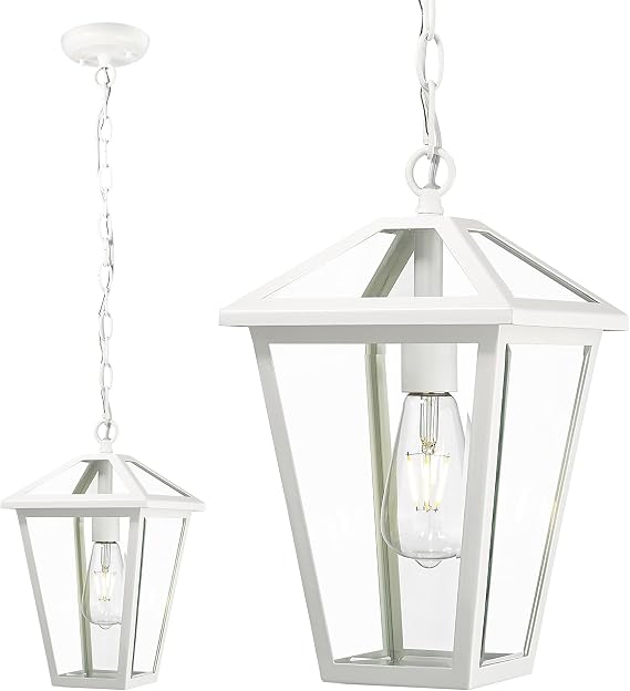 Outdoor Pendant Light Fixture, Exterior Hanging Pendant Lights for Porch, Outside Chandelier Ceiling Mount Aluminum with Clear Glass for Entryway Doorway Gazebo Patio Foyer, White