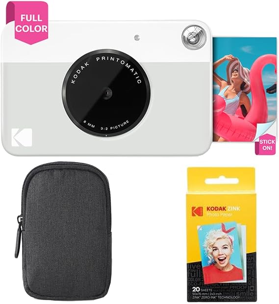 Kodak Printomatic Instant Camera Grey Basic Bundle + Zink Paper 20 Sheets + Deluxe Case + Comfortable Neck Strap