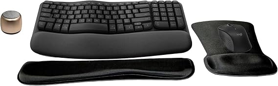 Logitech MK670 Comfort Wave Wireless Keyboard & Mouse Combo Home Office Active Lifestyle Modern Bundle with Micro Portable Wireless Bluetooth Speaker, Gel Wrist Pad & Gel Mouse Pad