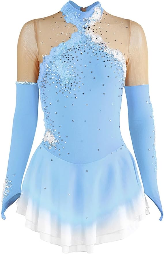 Figure Skating Dress for Women and Teen Girls, Long Sleeve High Elasticity Sparkly Ice Skating Dress for Competition