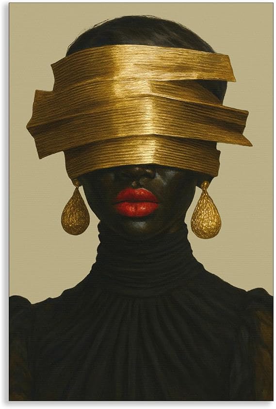 Fashion Black Girl Canvas Wall Art, Luxury African American Woman Poster, Urban Black Culture Wall Decor, Luxurious Gold Mask & Earrings Picture for Girls Dorm Apartment 8x12in Unframed