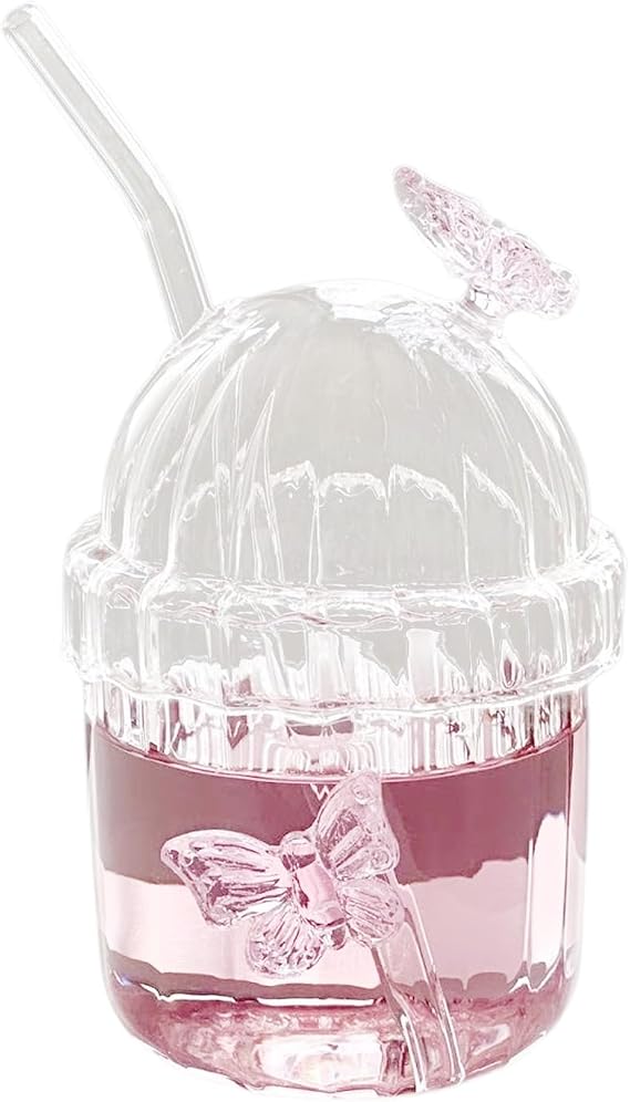 Cute Drinking Glasses with Glass Dome Lid and Straw,Glass Tumbler with Bubble Lid and Straw,Wide Mouth Smoothie Cup,Tumbler Glass Bubble Tea Cup,Glass Coffee Cup for Home Office