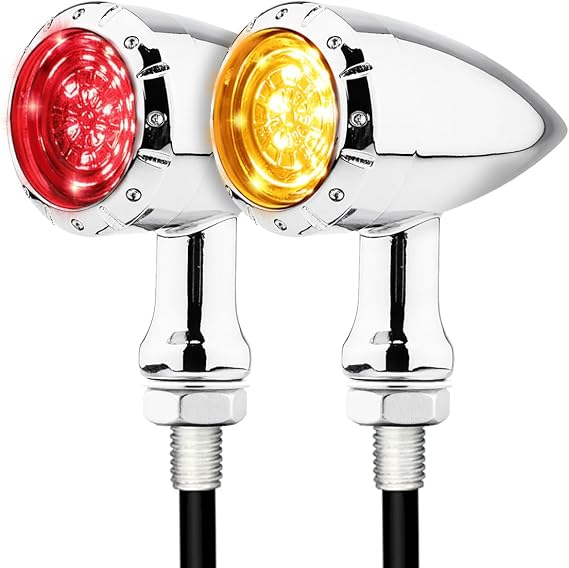 Bullet Style Motorcycle Rear LED Tail Lights, Red Running/Brake Light + Amber Turn Signals, Zinc Alloy Housing, M10 Mount Universal Fit for Cruiser Bobber Chopper Cafe Racer (Chrome-Rear)