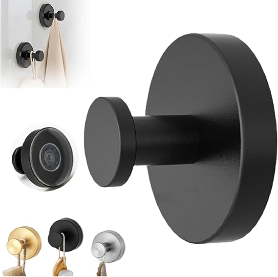 HISKI Suction Cup Hooks, No-Drill Hook Stainless Steel Waterproof Towel Hook for Shower Bathroom Kitchens Hanging Towels Suction Cups Hooks for Showers Home Kitchen (Black, 1 Pack)