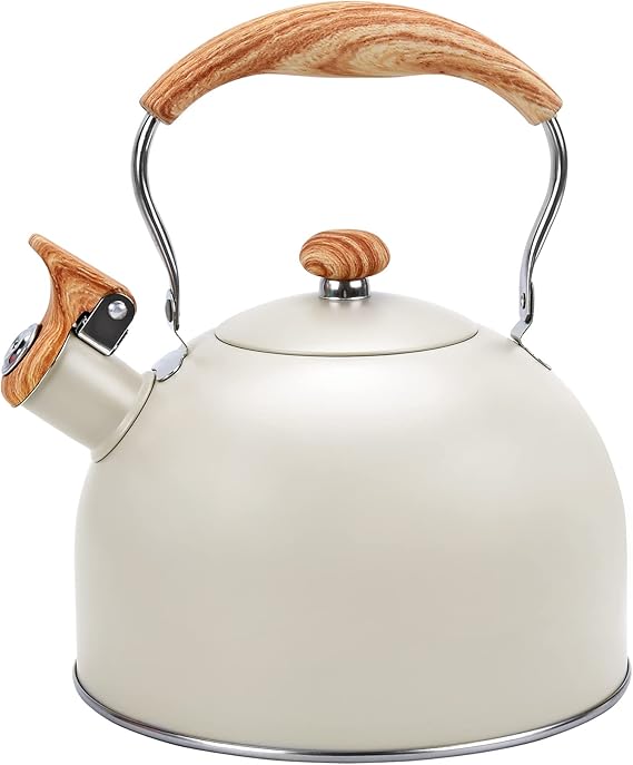 2.6 Qt Stainless Steel Whistling Tea Kettle Stovetop, Beige | Loud Whistling Spout, Cool Touch Wood Grain Handle, Rustproof Food Grade Steel, Compatible With All Stovetops