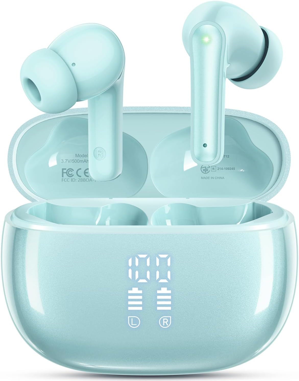 Wireless Earbuds Bluetooth Headphones, Ear Buds with Deep Bass, 40H Long Playtime, Power Display, IPX7 Waterproof in Ear Earphone with Mic for Phone Tablet Sports Workout, Mint Green