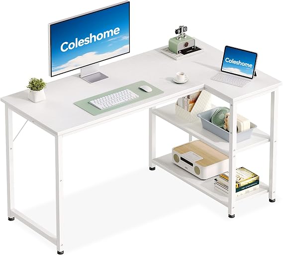 Coleshome L Shaped Gaming Desk for Small Space, 120x70 cm White