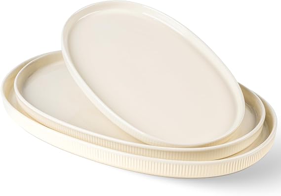 theterra Ceramic Serving Platter, 15.6"/14.4"/12.2" Oval Serving Dishes for Entertaining, Oven Safe, Microwave Safe, Serving Plates Set of 3 for Wedding, Party, Turkey, Beige