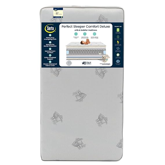 Serta Perfect Sleeper Comfort Deluxe 2- Stage Crib and Toddler Mattress - 220 Inerlocking Coils - GREENGUARD Gold Certified - CertiPUR-US - Made in USA