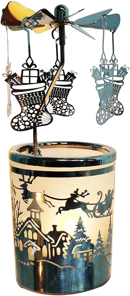 kingnero Carousel Candle Rotary Candle Holder Spinning Candleholder Metal Tea Light Candlestick for Home Decor (Christmas Socks Silver)