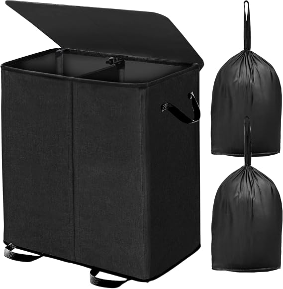 Double Laundry Hamper with Lid and Removable Bags, Laundry Basket 2 Section, Double Hampers for Laundry, Large Divided Hamper, Dual Laundry Hamper 2 Section with Handles Dorm 140L Black