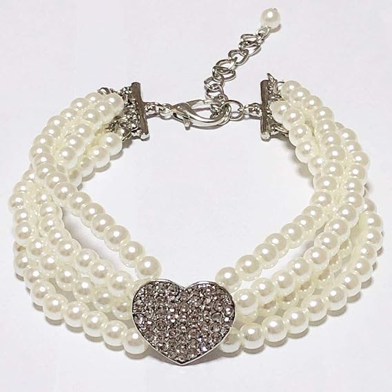 Dog Pearls Necklace Jewelry - Bling Dog Wedding Collar for Small Dogs Girl with Rhinestone Heart Charm - Female Puppy Chihuahua Yorkie Clothes Accessories (White Heart, 10 to 12-Inch)