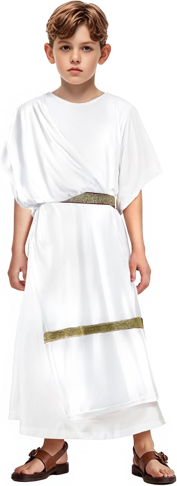 JEGERMIG Kids Toga Costume for Boys, Greek Roman Robe with Gold Belt
