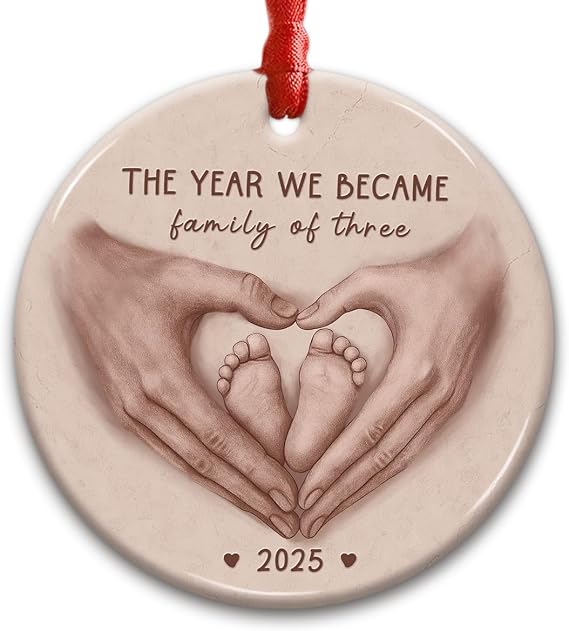 Our 1st Christmas as a Family of Three Ornament 2026 - Baby's First Christmas Keepsake - Gift for New Parents, Mom Dad & Baby, Meaningful Ceramic Tree Decoration