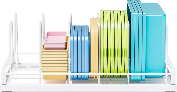 Food Container Lid Organizer Rack with Adjustable 6 Dividers, White